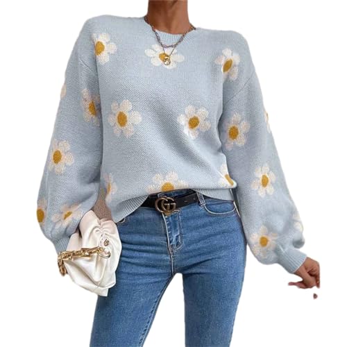 Hndudnff Damen Casual Blumen Strickpullover Winter Slim Crewneck Full Sleeve Pullover Sweaters, himmelblau, S von Hndudnff