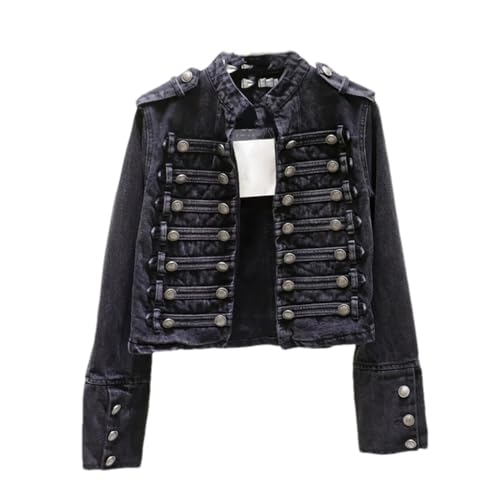 Hndudnff Damen-Jeansjacke, Militär-Stil, Stehkragen, schmal, zweireihig, kurze Denim-Jacke, Oberbekleidung, dunkelgrau, 36 Hndudnff Damen-Jeansjacke, Militär-Stil, Stehkragen, schmal, zweireihig, kurze Denim-Jacke, Oberbekleidung, dunkelgrau, 36 von Hndudnff