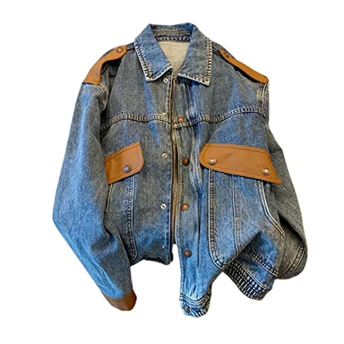 Hndudnff Damen Jeansjacke Vintage Reißverschluss Patchwork Jacke Mantel Lose Freizeit Jeans Oberbekleidung, blau, Large Hndudnff Damen Jeansjacke Vintage Reißverschluss Patchwork Jacke Mantel Lose Freizeit Jeans Oberbekleidung, blau, Large von Hndudnff