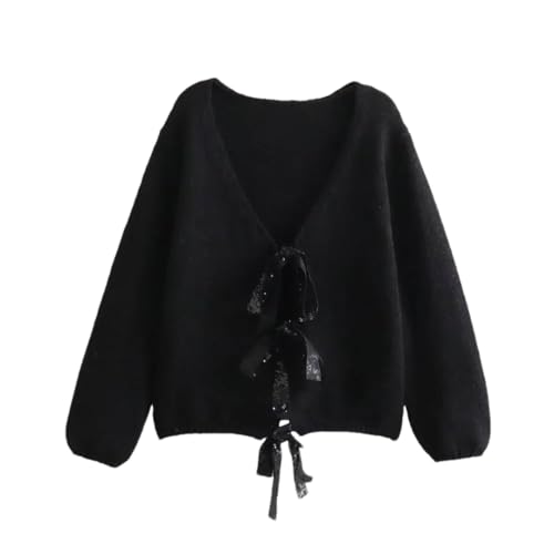 Hndudnff Damen Strickjacke mit Schleife, V-Ausschnitt, langärmelig, Oberteil, Siehe Abbildung1, L von Hndudnff