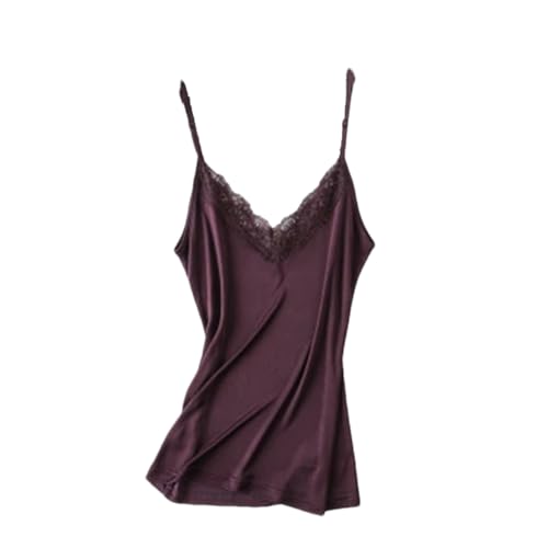 Hndudnff Damen Unterhemd aus 30 % natürlicher Seide, ärmellos, Spitze, V-Ausschnitt, Oberteil, violett, M von Hndudnff