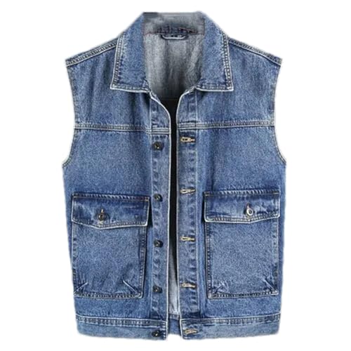 Hndudnff Herren-Jeansweste mit Taschen, Revers, ärmellos, Jeansjacke, lässig, lockere Weste, Oberbekleidung, blau, 4XL von Hndudnff