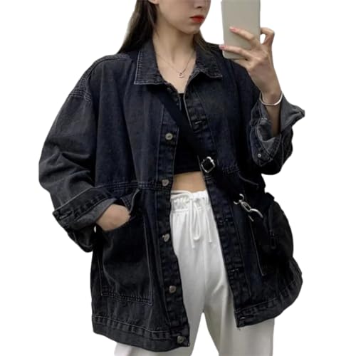 Hndudnff Klassische Jeansjacke für Damen, mit Revers, einfarbig, Knopfleiste, lange Ärmel, Schwarz / Grau, 36 Hndudnff Klassische Jeansjacke für Damen, mit Revers, einfarbig, Knopfleiste, lange Ärmel, Schwarz / Grau, 36 von Hndudnff