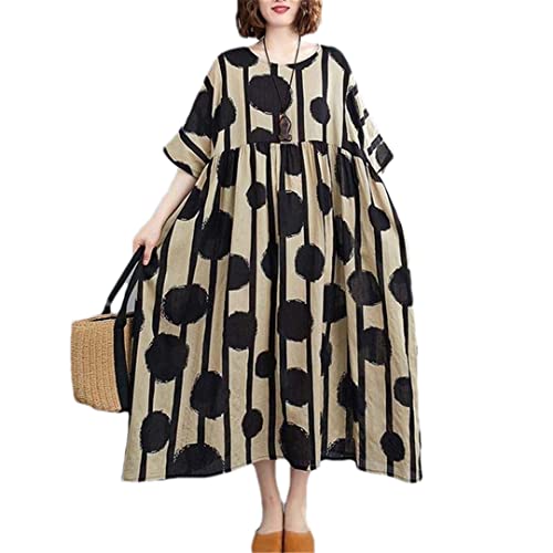 Retro Polka Dot Sommer Baumwolle Casual Damen Batmanärmel Pullover Langes Kleid, Schwarzes Kleid, Einheitsgröße von Hndudnff