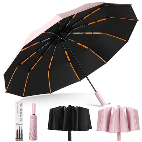Hnjindong Regenschirm Winddicht Stark, 12-Rippen-verstärkter Reise-Automatik-Taschenschirm für Wind und Regen (Rosa) von Hnjindong