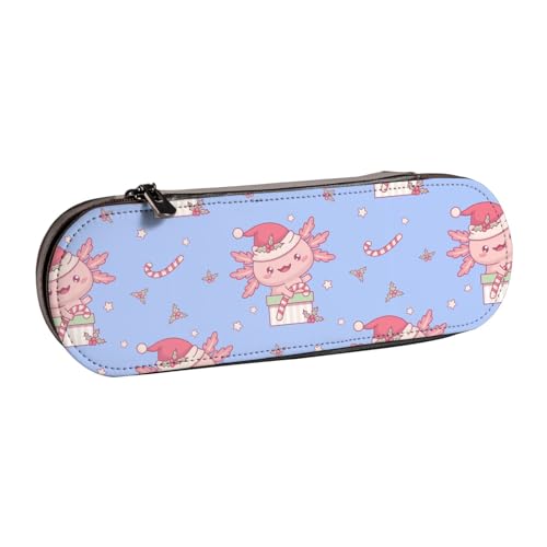 Hnnkloy Leder-Federmäppchen-Organizer für die Aufbewahrung von Schreibwaren, Weihnachts-Axolotl-Weihnachtsmann als Geschenk von Hnnkloy