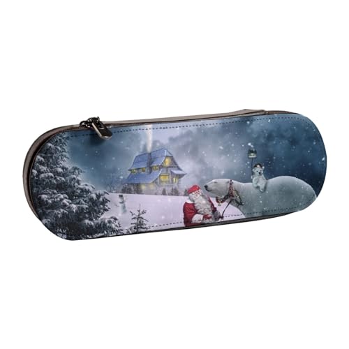 Hnnkloy Leder-Federmäppchen-Organizer für die Aufbewahrung von Schreibwaren, Weihnachts-Winter-Weihnachtsmann-Druck von Hnnkloy