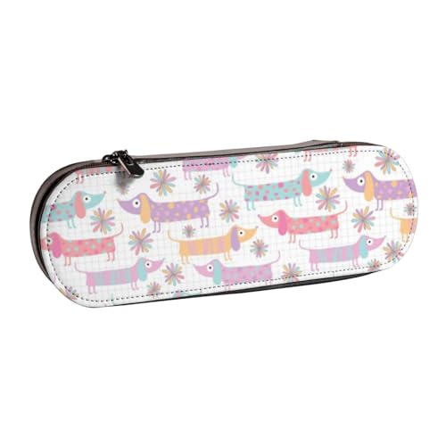 Hnnkloy Leder-Federmäppchen-Organizer zur Aufbewahrung von Schreibwaren, Dackel und Gänseblümchen in Weiß von Hnnkloy