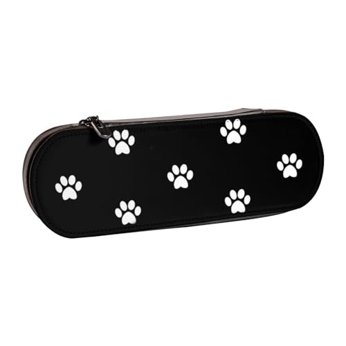 Hnnkloy Leder-Federmäppchen-Organizer zur Aufbewahrung von Schreibwaren, weiße Hunde-Fußabdrücke auf schwarzem Hintergrund von Hnnkloy