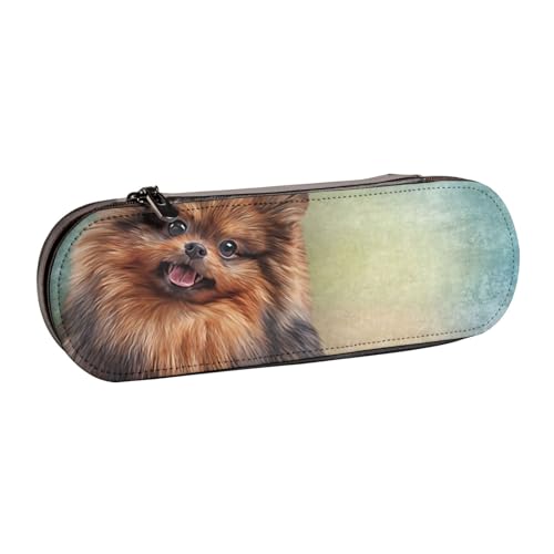 Leder-Federmäppchen-Organizer für die Aufbewahrung von Schreibwaren, Zeichnung eines Hundes mit deutschem Zwergspitz von Hnnkloy