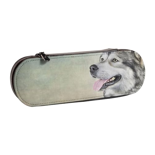 Leder-Federmäppchen-Organizer für die Aufbewahrung von Schreibwaren, Zeichnung mit Hund, Alaskan Malamute-Porträt von Hnnkloy