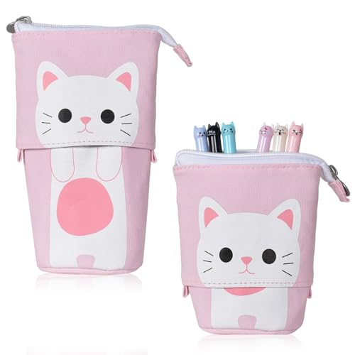 Federmäppchen Reißverschluss, Niedlicher Teleskopisch Mäppchen und 6 Stifte Katzen, 2-in-1 Schlampermäppchen, Ständer Bleistifthalter, Pop-Up Bleistifthalter, Einziehbar Stifteköcher Schminke Tasche von Hnonoxy