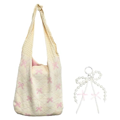 Hnonoxy Beige Häkeltasche, Gehäkelte Tragetasche mit Bogen Schlüsselanhänger für Mädchen, Strandtasche Große Kapazität für Reisen Einkaufen Dating Strand Den Alltag -35×1×36CM von Hnonoxy