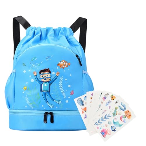 Hnonoxy Schwimmtasche Kinder,Große Kapazität Kordelzug Sporttasche mit Nassfachet,Wasserdichter strand Schwimmtasche mit 10Pcs Cartoon Meeresaufkleber,Gymnastik Rucksack fürJugend(Hellblau) von Hnonoxy