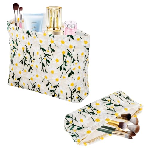 Kosmetiktasche Kulturtasche, 2 Stück Kulturtasche Make up Tasche Tragbar Reise Schminktasche Organizer mit Reißverschluss, Strickstickerei Kosmetiktaschenset für Damen Mädchen (Beige) von Hnonoxy