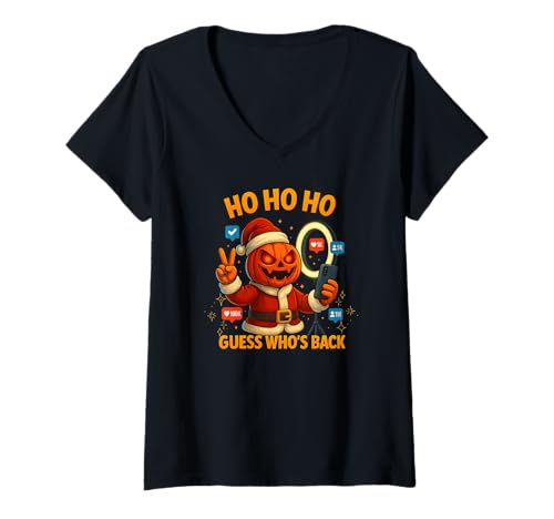 Damen Ho Ho Ho Guess Who's Back Fierce Funny Pumpkin Influencer T-Shirt mit V-Ausschnitt von Ho Ho Ho Funny Pumpkin Influencer Humor