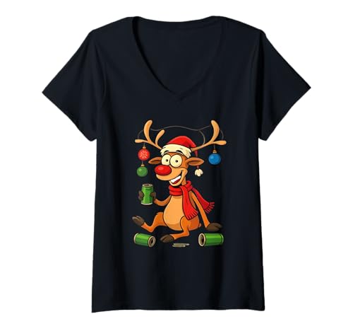 Damen Ho Ho HOL Mir Bier Weihnachts Outfit Rentier Mütze Fun Xmas T-Shirt mit V-Ausschnitt Damen Ho Ho HOL Mir Bier Weihnachts Outfit Rentier Mütze Fun Xmas T-Shirt mit V-Ausschnitt von Ho Ho Hol Mir Beer Reindeer Santa Dosenbier Party
