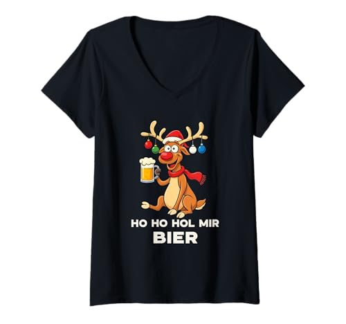 Damen Ho Ho HOL Mir Bier Weihnachts Outfit Rentier Mütze Fun Xmas T-Shirt mit V-Ausschnitt Damen Ho Ho HOL Mir Bier Weihnachts Outfit Rentier Mütze Fun Xmas T-Shirt mit V-Ausschnitt von Ho Ho Hol Mir Bier Reindeer Santa Bierglas Party