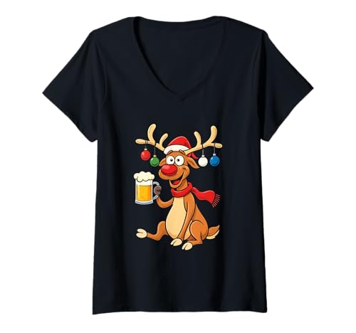 Damen Ho Ho HOL Mir Bier Weihnachts Outfit Rentier Mütze Fun Xmas T-Shirt mit V-Ausschnitt Damen Ho Ho HOL Mir Bier Weihnachts Outfit Rentier Mütze Fun Xmas T-Shirt mit V-Ausschnitt von Ho Ho Hol Mir Bier Reindeer Santa Bierglas Party