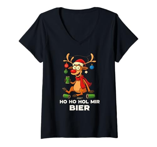 Damen Ho Ho HOL Mir Bier Weihnachts Outfit Rentier Mütze Fun Xmas T-Shirt mit V-Ausschnitt Damen Ho Ho HOL Mir Bier Weihnachts Outfit Rentier Mütze Fun Xmas T-Shirt mit V-Ausschnitt von Ho Ho Hol Mir Bier Reindeer Santa Dosenbier Party