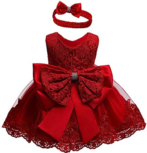 Baby Mädchen Spitzenkleid Bowknot Blume Kleider Hochzeitswettbewerb Taufe Tutu Kleid 0-24 Monate (Rot, 6M (3-6 Monate)) von Ho Mall