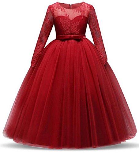 Festliches Mädchen Kleider Lange Brautjungfern Kleider Festlich Hochzeit Party Prinzessin Kleid Blumenmädchen Festzug Gr. 104 116 128 134 140 146 152 164 (Z-Burgund, 152) von Ho Mall