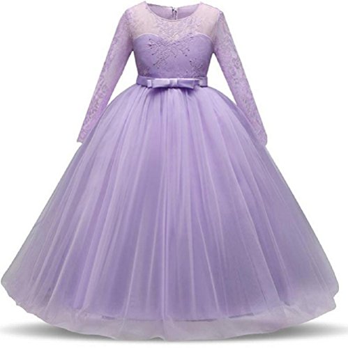 Festliches Mädchen Kleider Lange Brautjungfern Kleider Festlich Hochzeit Party Prinzessin Kleid Blumenmädchen Festzug Gr. 104 116 128 134 140 146 152 164 (Z-Lila, 128) von Ho Mall