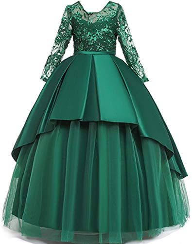 Festliches Mädchen Kleider Lange Spitze Brautjungfern Kleider Festlich Hochzeit Party Prinzessin Kleid Blumenmädchen Festzug Gr. 104 116 128 134 140 146 152 (Grün, 140) von Ho Mall