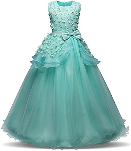 Festliches Mädchen Schicht Kleider Lange Brautjungfern Kleider Festlich Hochzeit Party Prinzessin Kleid Blumenmädchen Festzug Gr. 104 116 128 134 140 146 152 164 (140, Grün) von Ho Mall