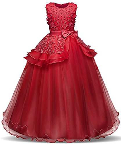 Festliches Mädchen Schicht Kleider Lange Brautjungfern Kleider Festlich Hochzeit Party Prinzessin Kleid Blumenmädchen Festzug Gr. 104 116 128 134 140 146 152 164 (140, Rot) von Ho Mall