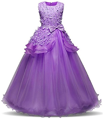 Festliches Mädchen Schicht Kleider Lange Brautjungfern Kleider Festlich Hochzeit Party Prinzessin Kleid Blumenmädchen Festzug Gr. 104 116 128 134 140 146 152 164 (164, Lila) von Ho Mall