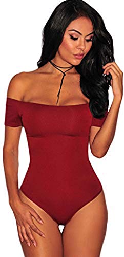 Ho Mall Damen Body Schulterfrei Bodysuit 100% Baumwolle Tops Kurze Ärmel Jumpsuit mit Schnappt im Unteren Stretchmaterial Top (Burgund, S) von Ho Mall