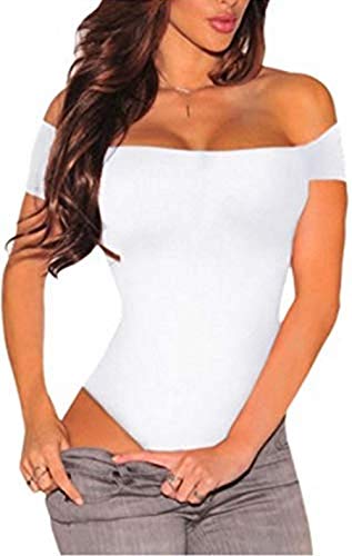 Ho Mall Damen Body Schulterfrei Bodysuit 100% Baumwolle Tops Kurze Ärmel Jumpsuit mit Schnappt im Unteren Stretchmaterial Top (Weiß, S) von Ho Mall