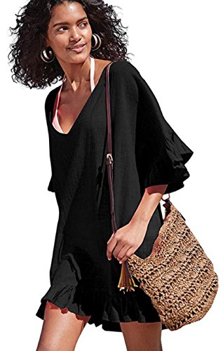 Ho Mall Damen Sommer Elegant Strand Poncho Ethnisch Lose Kaftan Kittel Sommer Mini Kleid (Schwarz, One Size) von Ho Mall