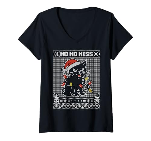 Damen Ho Ho Hissing Cat Pun, Lustiger wütender Katze hässlicher Pullover T-Shirt mit V-Ausschnitt Damen Ho Ho Hissing Cat Pun, Lustiger wütender Katze hässlicher Pullover T-Shirt mit V-Ausschnitt von Ho ho ho christmas ugly sweater