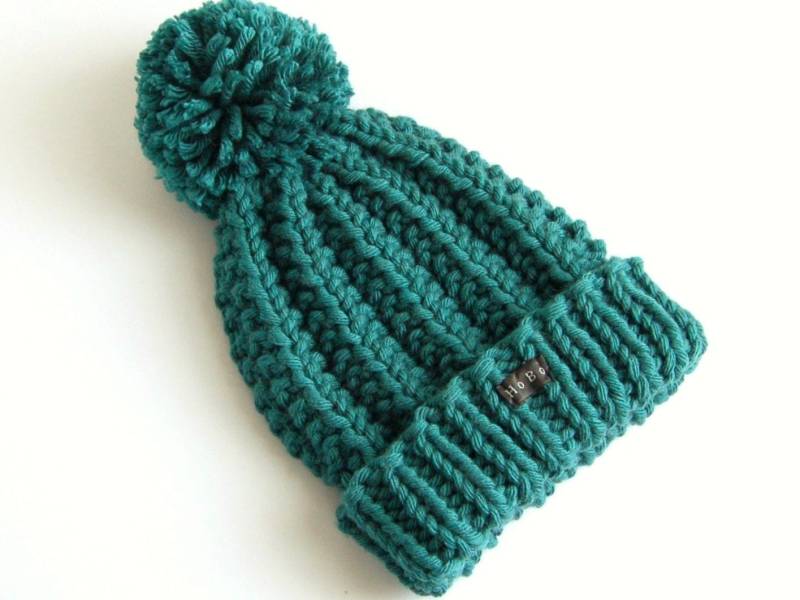Teal Bommel-Hut Grün-Blauen Pom Hut Grobstrick Mütze Wollmischung Damen Oder Herren Hobo Handmade Extra Großer von HoBoHandmadeUK
