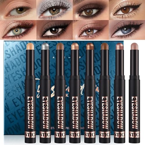 8er Cream Lidschatten Stift Geschenkbox Set, Matt Metallic Lidschattenstift, Schimmer Eyeshadow Crayon Stick, Wasserfest Perlglanz Eyeliner Pencil, Long Lasting Eye Makeup Highlighter Stick (#A) von HoGeGe