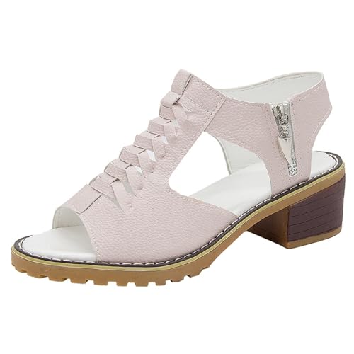 HoNung Bequeme orthopädische Damensandalen, offene Zehen, hohler Reißverschluss, dicker Absatz, Sandalen für Damen (beige,35) von HoNung