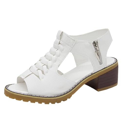 HoNung Bequeme orthopädische Damensandalen, offene Zehen, hohler Reißverschluss, dicker Absatz, Sandalen für Damen (white,35) von HoNung