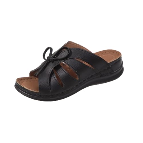 HoNung Einfarbige Damensandalen mit dicken Sohlen, offene Keilsandalen, stilvolle Schnürpantoffeln mit weichen Sohlen (black,36) von HoNung