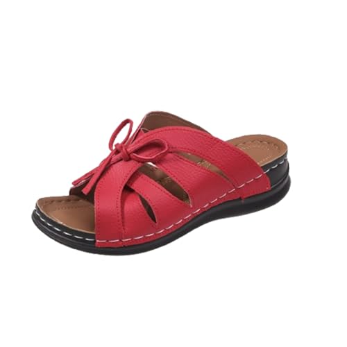 HoNung Einfarbige Damensandalen mit dicken Sohlen, offene Keilsandalen, stilvolle Schnürpantoffeln mit weichen Sohlen (red,38) von HoNung