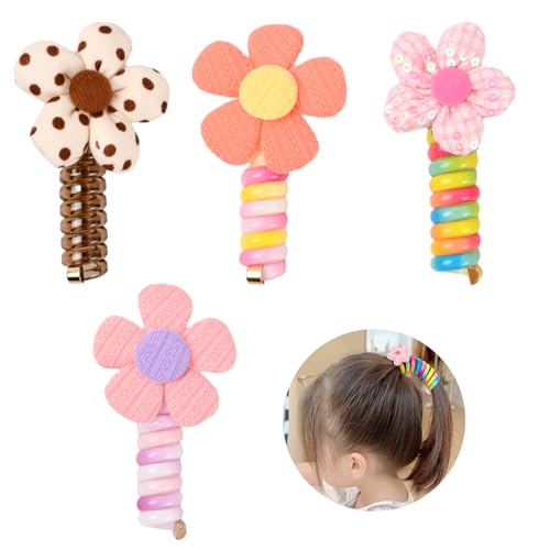 4 Stück Bunte Telefonkabel-Haarbänder,Colorful Telephone Wire Hair Bands für Kinder,Spiral-Haargummis Pferdeschwanz-Zöpfe,Schleife Geflochtene Telefondraht-Haarbänder von HoaaiGo