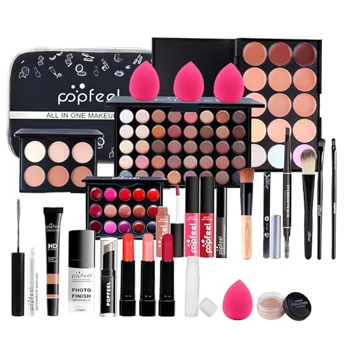 Alles in Einem Make-Up-Set mit Lidschatten Palette Lipgloss Pinsel, 30 Stück All in One Make up Geschenkset, Komplettes Kosmetik Schmink Starter Kit mit Schminktasche für Frauen Mädchen Beauty von HoaaiGo