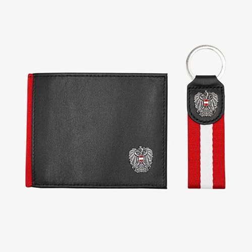 Hoamatkult Österreich Adler Geldtasche Geschenkset - Vintage-Leder in Schwarz, Inklusive Schlüsselanhänger, RFID-Schutz, Mehrfachfächer von Hoamatkult