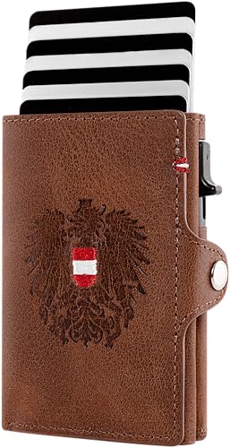 Hoamatkult Smart Wallet Adler – Echtleder Geldtasche mit RFID-Schutz, Pop-Up Kartenfunktion, Wunschgravur & Geschenkbox – Kompakt, handgefertigt & stilvoll - Klassik Braun von Hoamatkult