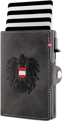 Hoamatkult Smart Wallet Adler – Geldtasche aus Echtleder mit RFID-Schutz, Pop-Up Kartenfach & Wunschgravur – Kompakt, handgefertigt & mit Geschenkbox - Schwarz von Hoamatkult