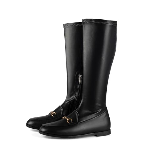 HoanTiai Kniehohe Stiefel für Damen, mandelförmiger Zehenbereich, Schnalle, Kunstleder, elastischer Stiefel, seitlicher Reißverschluss, niedrig, klobige Absätze, modisch, hohe Herbststiefel, Schwarz HoanTiai Kniehohe Stiefel für Damen, mandelförmiger Zehenbereich, Schnalle, Kunstleder, elastischer Stiefel, seitlicher Reißverschluss, niedrig, klobige Absätze, modisch, hohe Herbststiefel, Schwarz von HoanTiai