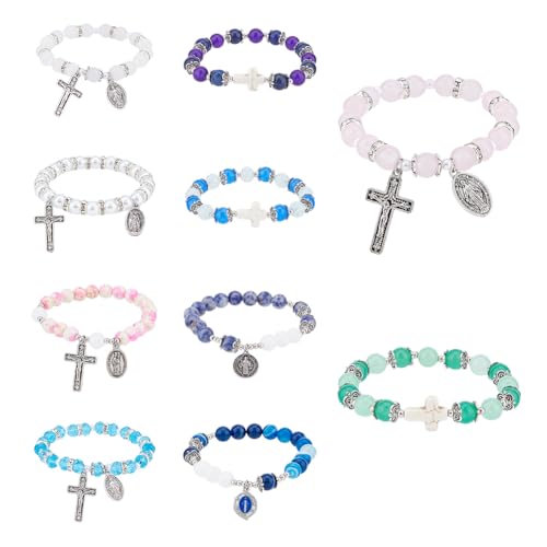 Hobbspring 10 Stück Rosenkranz Armbänder 10 Stile Wundertätige Medaille Armband Dehnbarer Rosenkranz Katholisches Armband Mit Kruzifix Für Frauen Männer Paare Kirchen Taufgeschenke von Hobbspring