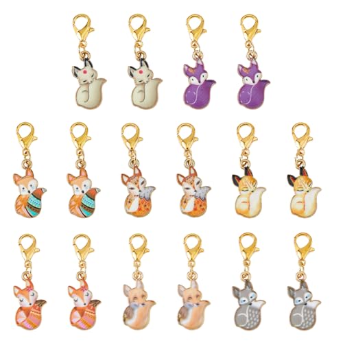 Hobbspring 16Pcs Clip auf Charme Anhänger 8 Farben Emaille Tier Reize mit Karabinerhaken Fuchs Legierung Reißverschluss Anhänger für Tasche Handtasche Schlüsselanhänger Halskette Schmuck machen von Hobbspring