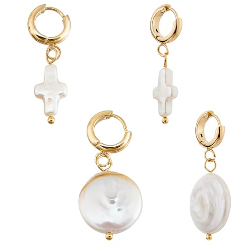 Hobbspring 2 Paar Barocke Flache Runde Perlenohrringe Im Kreuz Design Goldfarben Runde Creolen Statement Ohrringe Natürliche Süßwasser Zuchtperlen Baumelnder Zierlicher Schmuck Geschenke Für Frauen von Hobbspring